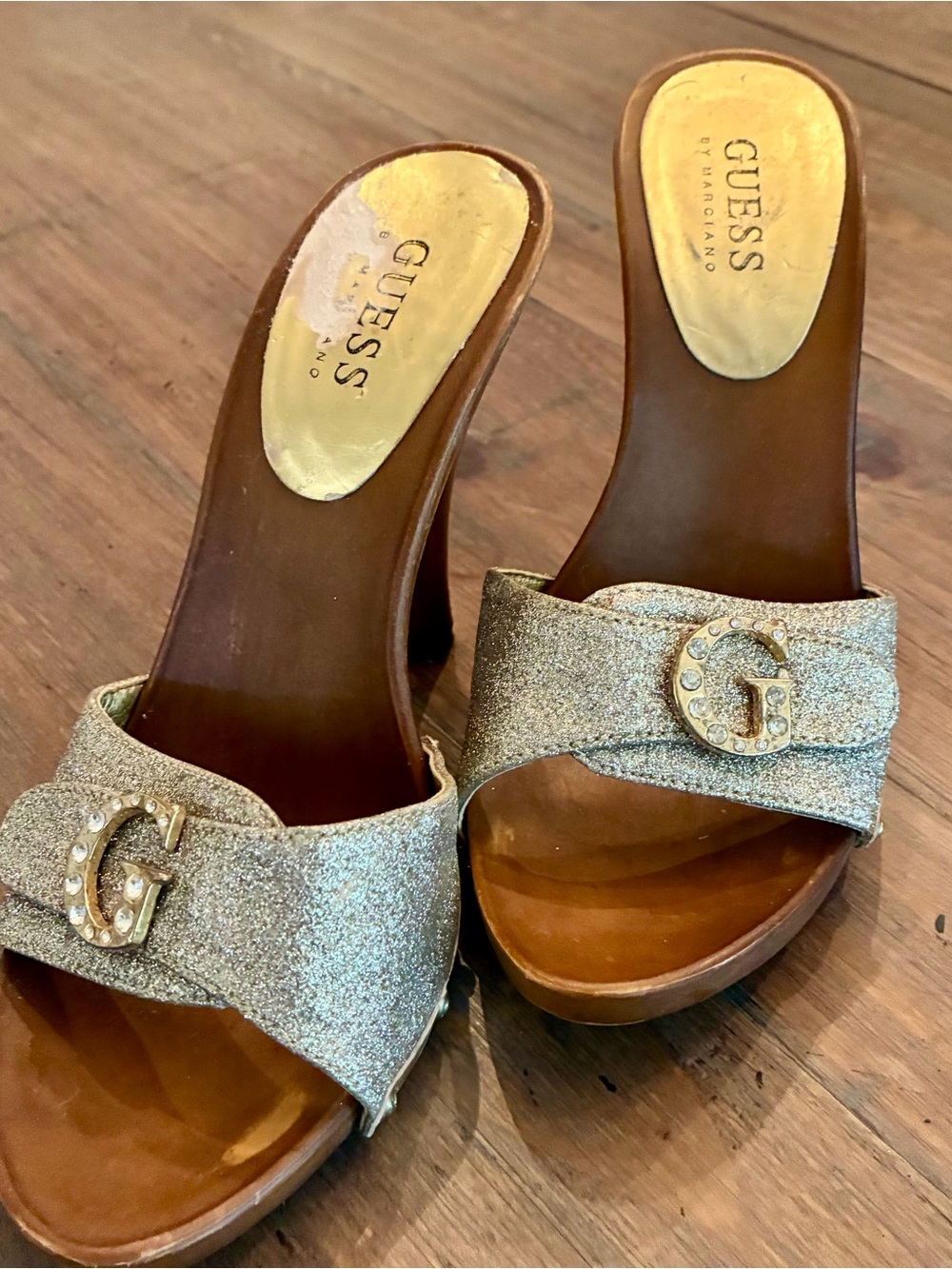 Vintage Guess by Marciano heels with sparkle straps and rhinestone G. Size 6.5